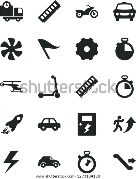 Solid Black Vector Icon Set - truck lorry vector,\
lightning, stopwatch, wind direction indicator, motor vehicle,\
child Kick scooter, dangers, timer, car, delivery, marine\
propeller, retro, memory