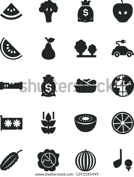 Solid Black Vector Icon Set - construction level\
vector, lettuce in a plate, pear, mint, squash, tasty apple, water\
melon, slice of, kiwi, lemon, broccoli, cucumber, trees, electric\
car, planet