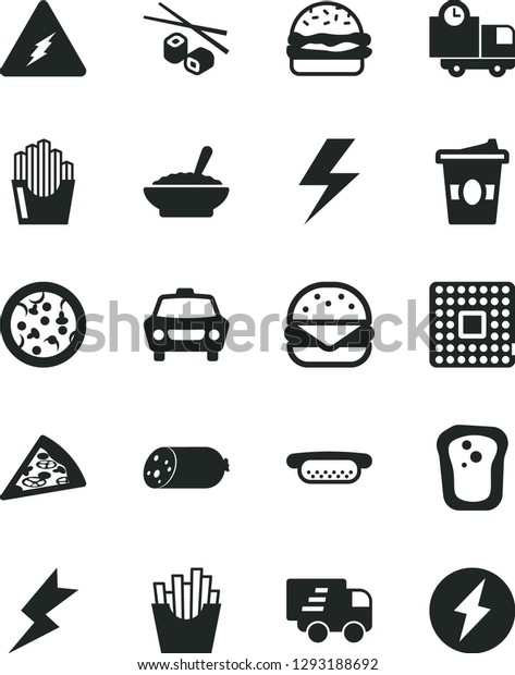 Solid Black Vector Icon Set - lightning\
vector, car, delivery, sausage, pizza, piece of, mini hot dog, big\
burger, a bowl buckwheat porridge, French fries, fried potato\
slices, Chinese\
chopsticks