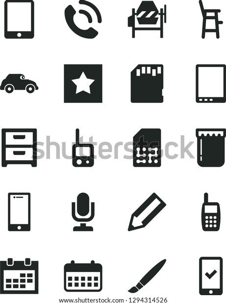 Solid Black Vector Icon Set - tassel vector,\
desktop microphone, calendar, toy phone, a chair for feeding child,\
concrete mixer, smartphone, nightstand, call, jam, retro car, SIM,\
pencil, mobile