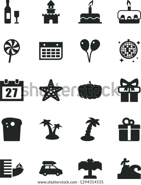 Solid Black Vector Icon Set - daily calendar\
vector, colored air balloons, cake, gift, Easter, torte, lollipop,\
pumpkin, wall, sand castle, wine, car baggage, hotel, palm tree,\
disco ball, starfish