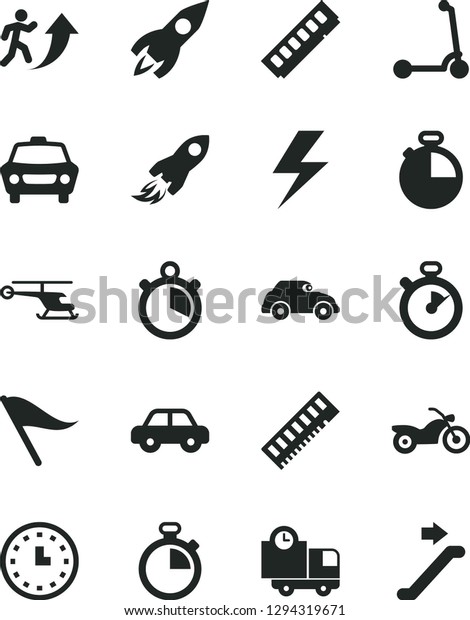 Solid Black Vector Icon Set - lightning vector,\
stopwatch, wind direction indicator, motor vehicle, child Kick\
scooter, timer, car, delivery, retro, rocket, space, wall watch,\
memory, man arrow up