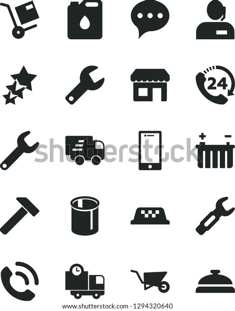 Solid Black Vector Icon Set - repair key vector,\
building trolley, hammer, speech, smartphone, delivery, 24, phone\
call, shipment, battery, canister of oil, pipes, steel, kiosk,\
dispatcher, Express