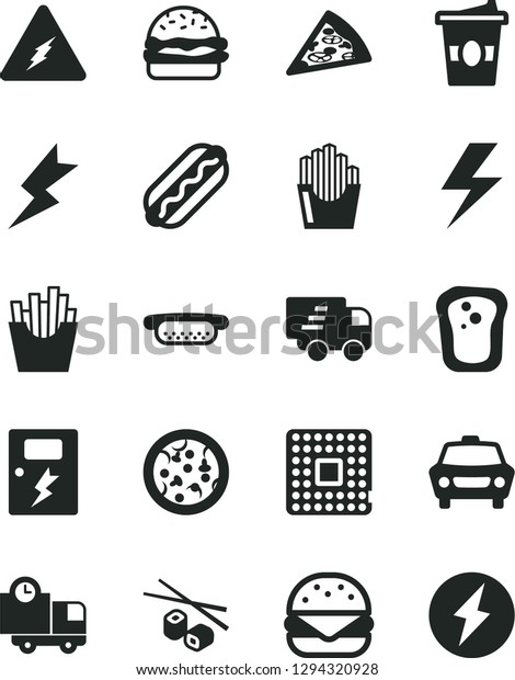 Solid Black Vector Icon Set - lightning vector,\
dangers, car, delivery, pizza, piece of, Hot Dog, mini, big burger,\
French fries, fried potato slices, Chinese chopsticks, coffe to go,\
sandwich