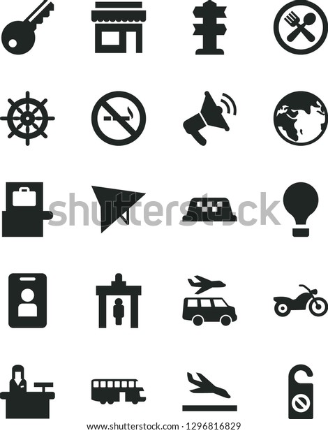 Solid Black Vector Icon Set - earth vector, bus,\
taxi, air balloon, hang glider, motorcycle, security gate, baggage\
scanner, arrival, cafe, transfer, key, access card, receptionist,\
store, signpost