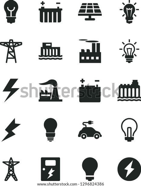 Solid Black Vector Icon Set - lightning vector,\
matte light bulb, incandescent lamp, dangers, solar panel, factory,\
accumulator, battery, hydroelectric station, hydroelectricity,\
power line, pole