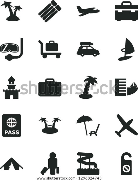 Solid Black Vector Icon Set - suitcase\
vector, passport, sand castle, plane, car baggage, passenger,\
hotel, tent, arnchair under umbrella, palm tree, aquapark, diving\
mask, hammok,\
windsurfing