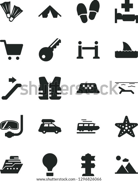 Solid Black Vector Icon Set - train vector, car\
baggage, taxi, air balloon, escalator, rope barrier, tent, beach,\
hospital bed, starfish, flippers, diving mask, key, cart, signpost,\
life vest