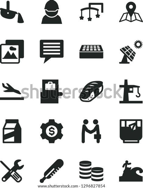 Solid Black Vector Icon Set - image of thought\
vector, toys over the cot, mercury thermometer, small tools, brick,\
picture, map, package, sushi, a glass tea, big solar panel, racer,\
tower crane