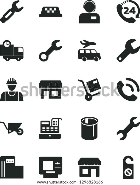 Solid Black Vector Icon Set - repair key vector,\
builder, building trolley, delivery, 24, phone call, operator,\
shipment, modern gas station, pipes, steel, kiosk, stall, cash\
machine, taxi, atm