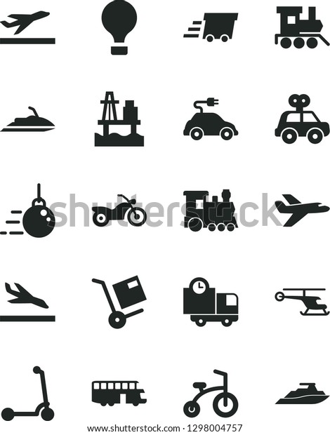 Solid Black Vector Icon Set - motor vehicle
present vector, baby toy train, child bicycle, Kick scooter, big
core, delivery, shipment, sea port, electric car, urgent cargo,
private plane,
helicopter