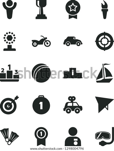 Solid Black Vector Icon Set - bath ball vector,\
motor vehicle present, pedestal, retro car, flame torch, winner,\
cup, gold, man with medal, target, first place, pennant, star, aim,\
sail boat
