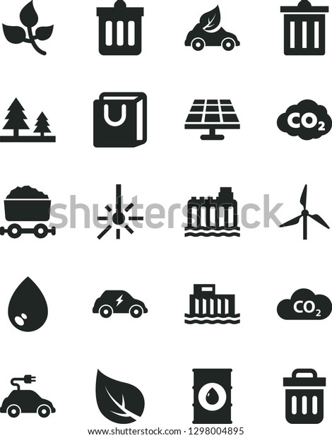 Solid Black Vector Icon Set - bin vector, dust, drop,
bag with handles, solar panel, leaves, leaf, windmill, oil,
hydroelectric station, hydroelectricity, forest, eco car, electric,
transport, CO2