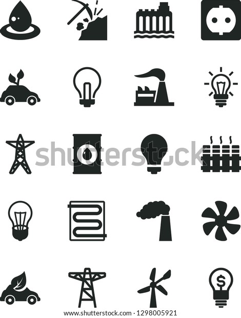Solid Black Vector Icon Set - matte light bulb\
vector, incandescent lamp, heating coil, radiator, marine\
propeller, coal mining, wind energy, manufacture, factory, oil,\
hydroelectricity, power\
line