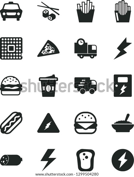 Solid Black Vector Icon Set - lightning\
vector, dangers, car, delivery, sausage, piece of pizza, Hot Dog,\
big burger, a bowl buckwheat porridge, French fries, fried potato\
slices, Chinese\
chopsticks