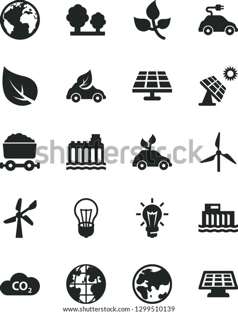 Solid Black Vector Icon Set - sign of the planet\
vector, solar panel, big, leaves, leaf, windmill, wind energy,\
bulb, hydroelectric station, hydroelectricity, trees, eco car,\
electric, CO2, sun