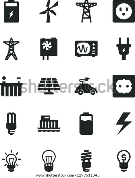 Solid Black Vector Icon Set - lightning vector, power\
socket type f, charge level, charging battery, solar panel, wind\
energy, bulb, hydroelectric station, line, pole, electric plug,\
saving, car