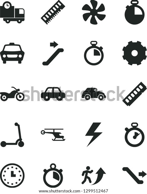 Solid Black Vector Icon Set - truck lorry\
vector, lightning, stopwatch, motor vehicle, child Kick scooter,\
timer, car, delivery, marine propeller, retro, wall watch, memory,\
man arrow up, helicopter