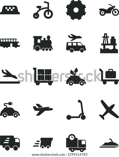 Solid Black Vector Icon Set - truck lorry vector,\
cargo trolley, child bicycle, Kick scooter, delivery, sea port,\
environmentally friendly transport, electric car, urgent, Express,\
private plane