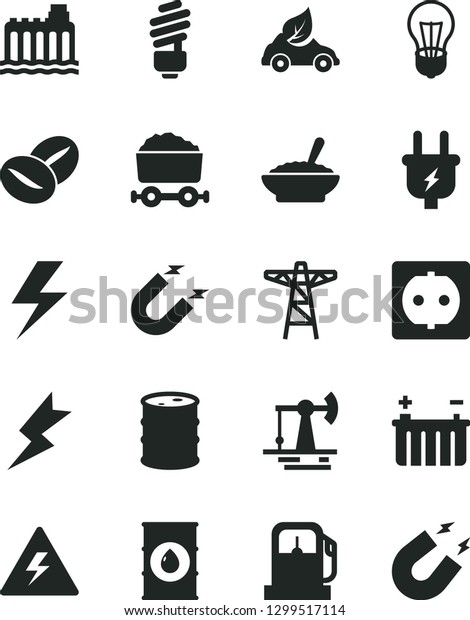 Solid Black Vector Icon Set - lightning\
vector, danger of electricity, saving light bulb, a bowl buckwheat\
porridge, coffee beans, working oil derrick, gas station, barrel,\
battery,\
hydroelectricity