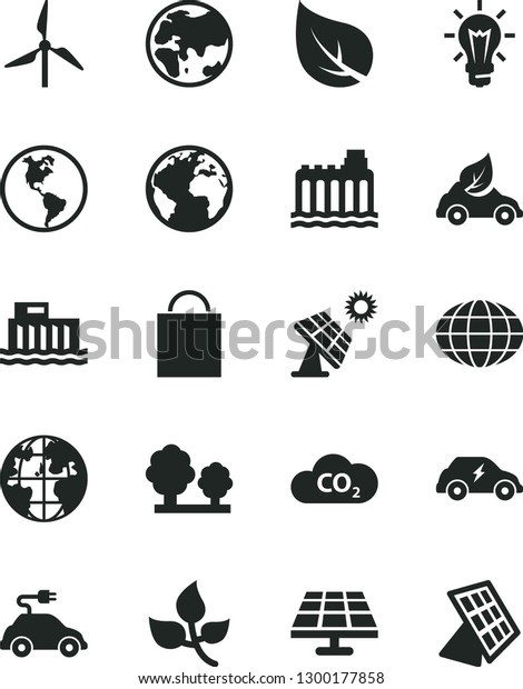 Solid Black Vector Icon Set - sign of the planet\
vector, paper bag, solar panel, big, leaves, leaf, windmill, Earth,\
hydroelectric station, hydroelectricity, trees, eco car, electric,\
transport, CO2