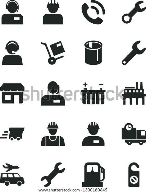 Solid Black Vector Icon Set - builder vector,\
workman, delivery, phone call, operator, shipment, gas station,\
battery, industrial enterprise, pipes, repair key, kiosk,\
dispatcher, urgent cargo
