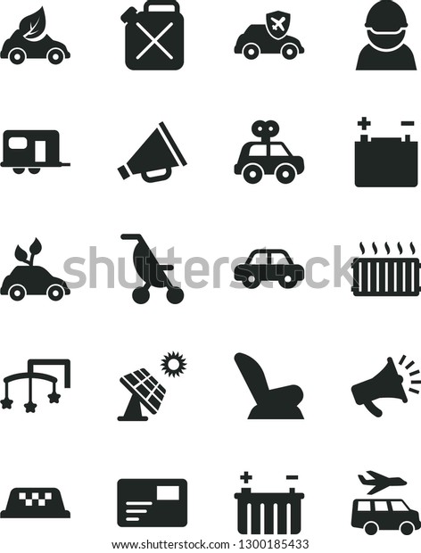 Solid Black Vector Icon Set - horn vector, toys
over the cot, car child seat, summer stroller, motor vehicle,
present, pass card, big solar panel, accumulator, battery, racer,
canister, eco, camper