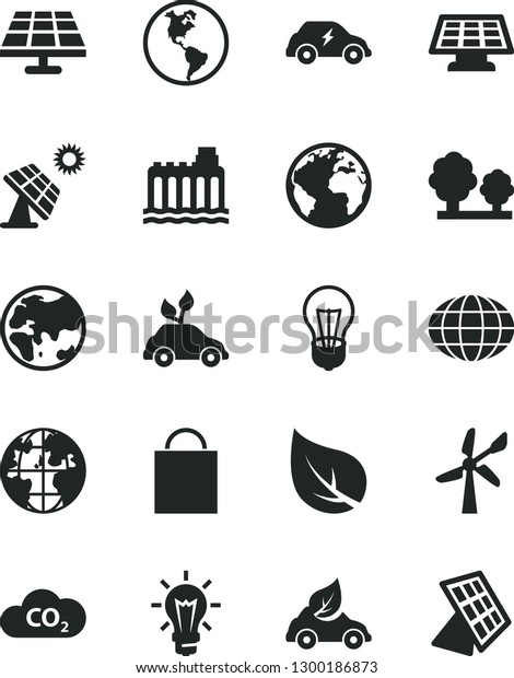 Solid Black Vector Icon Set - sign of the planet\
vector, paper bag, solar panel, big, leaf, wind energy, Earth,\
bulb, hydroelectricity, trees, eco car, environmentally friendly\
transport, electric