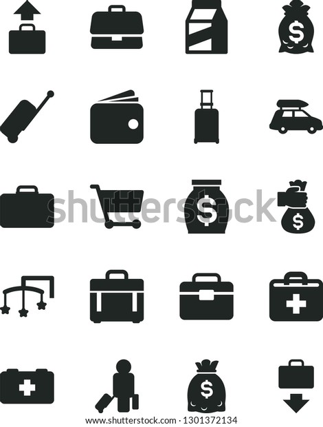 Solid Black Vector Icon Set - first aid kit\
vector, toys over the cot, bag of a paramedic, portfolio, case,\
package, cart, briefcase, wallet, money, dollars, hand, car\
baggage, passenger,\
suitcase