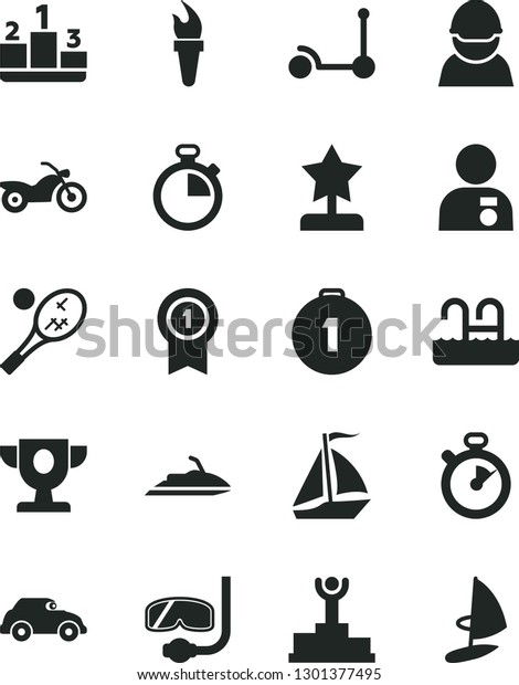 Solid Black Vector Icon Set - stopwatch\
vector, Kick scooter, pedestal, racer, retro car, flame torch,\
winner podium, prize, star reward, man with medal, first place,\
pennant, sail boat,\
motorcycle