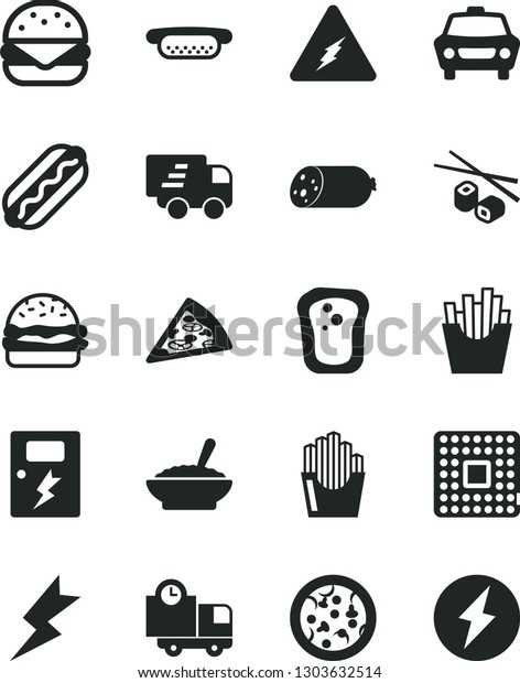Solid Black Vector Icon Set - lightning vector,\
dangers, car, delivery, sausage, pizza, piece of, Hot Dog, mini,\
big burger, a bowl buckwheat porridge, French fries, fried potato\
slices, sandwich