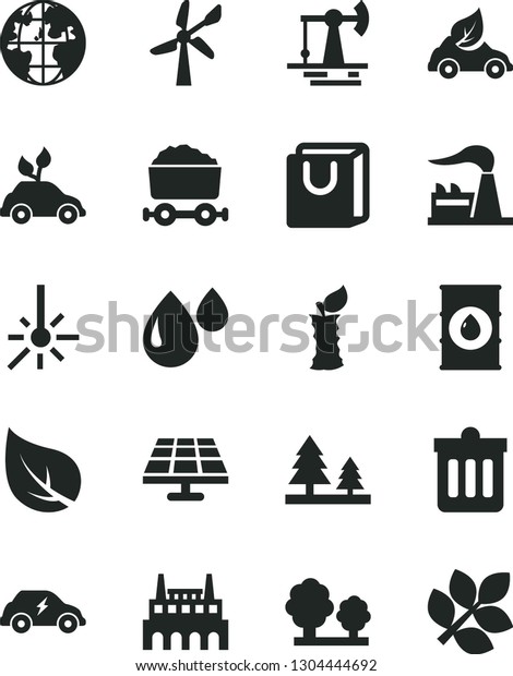 Solid Black Vector Icon Set - dust bin vector, bag\
with handles, apple stub, solar panel, working oil derrick, leaf,\
wind energy, factory, trees, forest, industrial, drop, eco car,\
electric, planet