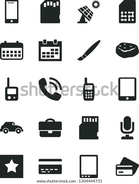 Solid Black Vector Icon Set - tassel vector, desktop\
microphone, calendar, bank card, toy phone, smartphone, piece of\
meat, big solar panel, retro car, SIM, portfolio, call, mobile,\
tablet pc, sd