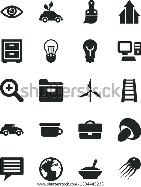 Solid Black Vector Icon Set - sign of the planet\
vector, image thought, zoom, bedside table, children\'s potty,\
plastic brush, stepladder, eye, bulb, folder, porcini, a bowl\
buckwheat porridge