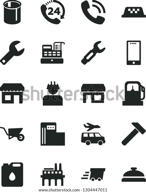Solid Black Vector Icon Set - repair key vector,
building trolley, hammer, smartphone, 24, gas station, modern,
industrial enterprise, builder, canister of oil, pipes, steel,
kiosk, stall, taxi
