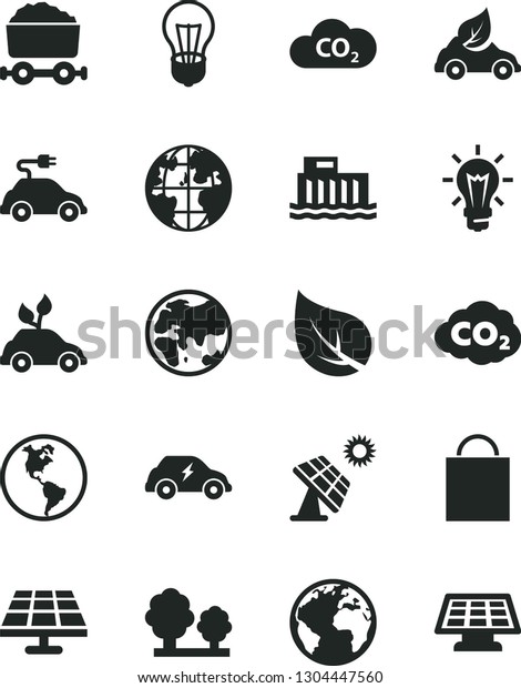 Solid Black Vector Icon Set - sign of the planet\
vector, paper bag, solar panel, big, leaf, Earth, bulb,\
hydroelectric station, trees, eco car, environmentally friendly\
transport, electric, CO2,\
sun
