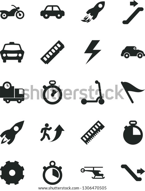 Solid Black Vector Icon Set - truck lorry vector,\
lightning, wind direction indicator, motor vehicle, child Kick\
scooter, timer, car, delivery, retro, rocket, space, memory,\
stopwatch, man arrow up