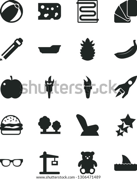 Solid Black Vector Icon Set - graphite pencil\
vector, car child seat, baby bath ball, small teddy bear, sample of\
colour, heating coil, piece cheese, burger, apple, banana, ripe\
pineapple, trees