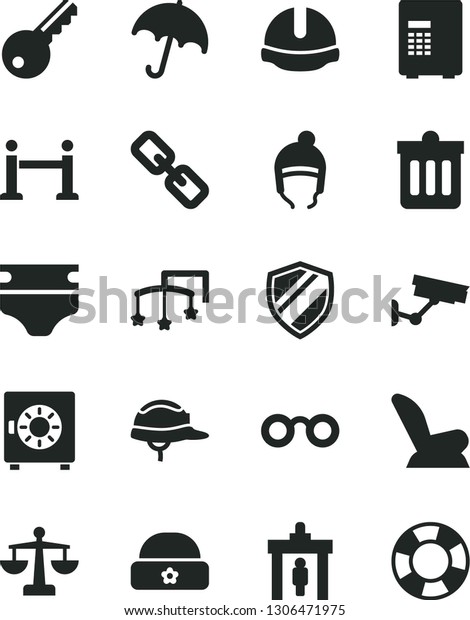 Solid Black Vector Icon Set - spectacles vector,\
scales, toys over the cot, diaper, car child seat, winter hat,\
warm, construction helmet, dust bin, umbrella, strongbox, glasses,\
rope barrier, key