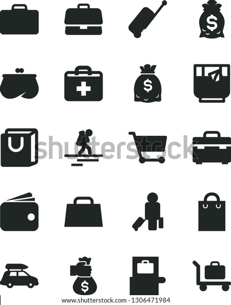 Solid Black Vector Icon Set - first aid kit\
vector, suitcase, bag with handles, a glass of tea, cart,\
briefcase, wallet, purse, dollars, hand, money, car baggage,\
backpacker, passenger,\
scanner