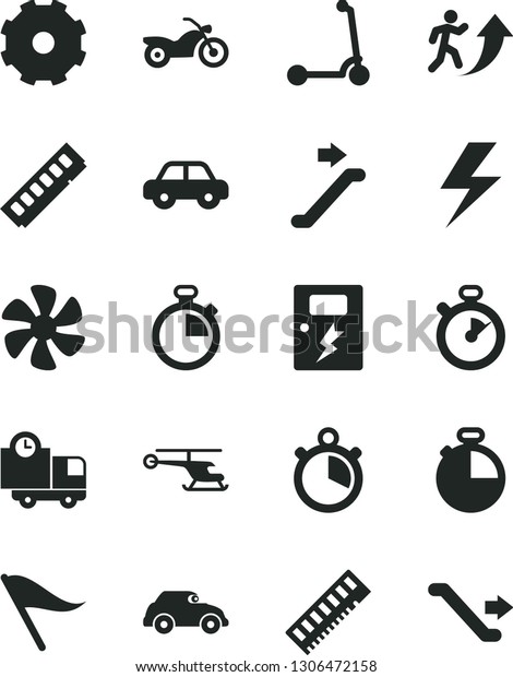 Solid Black Vector Icon Set - truck lorry vector,\
lightning, stopwatch, wind direction indicator, motor vehicle,\
child Kick scooter, dangers, timer, delivery, marine propeller,\
retro car, memory