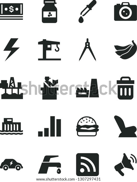 Solid Black Vector Icon Set - lightning vector, rss\
feed, car child seat, crane, faucet mixer, burger, jar of jam,\
bananas, commercial seaport, hydroelectric station, thermal power\
plant, bar chart