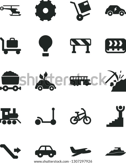 Solid Black Vector Icon Set - truck lorry vector,\
motor vehicle, baby toy train, Kick scooter, traffic signal,\
shipment, coal mining, conveyor, environmentally friendly\
transport, electric,\
plane