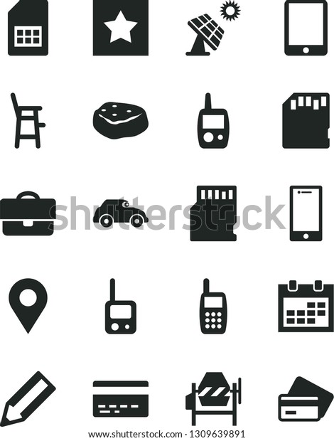 Solid Black Vector Icon Set - calendar vector,
bank card, toy phone, mobile, a chair for feeding child, concrete
mixer, smartphone, piece of meat, big solar panel, retro car, SIM,
location, pencil