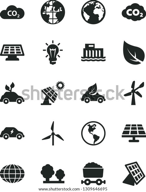 Solid Black Vector Icon Set - sign of the planet\
vector, solar panel, big, leaf, windmill, wind energy, Earth,\
hydroelectric station, trees, eco car, environmentally friendly\
transport, electric