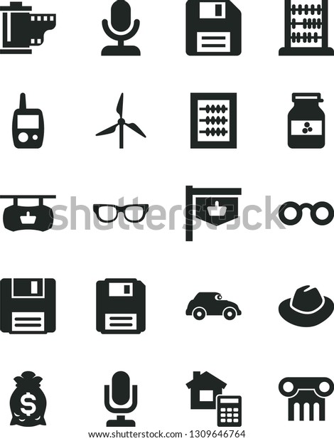 Solid Black Vector Icon Set - desktop microphone\
vector, floppy disk, hat, camera roll, new abacus, toy mobile\
phone, estimate, jar of jam, windmill, retro car, vintage sign,\
glasses, money bag