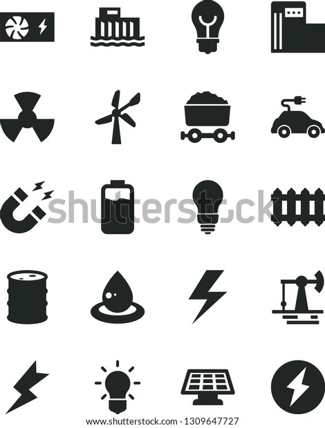 Solid Black Vector Icon Set - lightning vector, bulb,
new radiator, charge level, working oil derrick, modern gas
station, wind energy, barrel, hydroelectric, drop of, radiation,
electric car