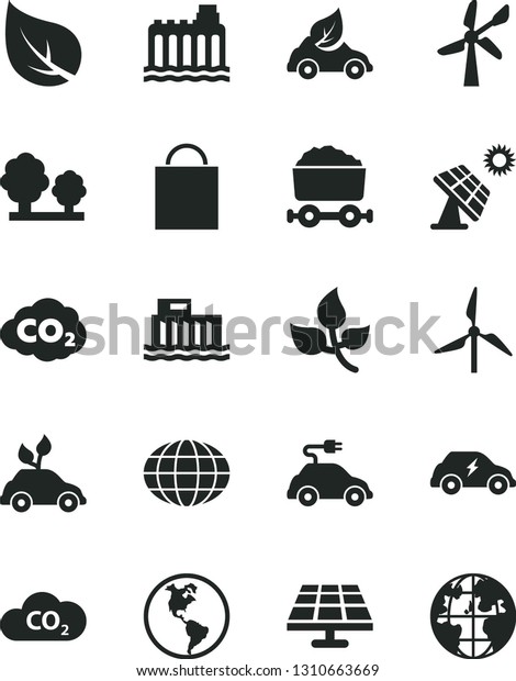 Solid Black Vector Icon Set - paper bag vector,\
solar panel, big, leaves, leaf, windmill, wind energy, planet\
Earth, hydroelectric station, hydroelectricity, trees, eco car,\
electric, CO2, globe