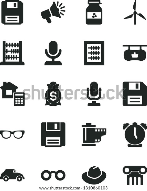 Solid Black Vector Icon Set - desktop\
microphone vector, floppy disk, hat, camera roll, new abacus,\
estimate, alarm clock, jar of jam, windmill, retro car, antique\
advertising signboard,\
loudspeaker