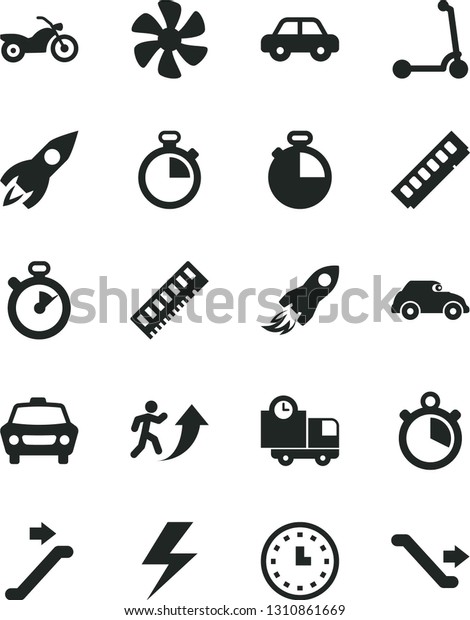 Solid\
Black Vector Icon Set - lightning vector, stopwatch, motor vehicle,\
child Kick scooter, timer, car, delivery, marine propeller, retro,\
rocket, space, wall watch, memory, man arrow\
up